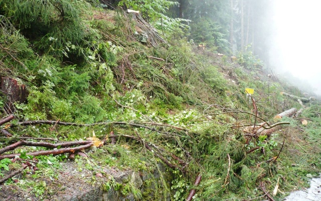 Výškové oddelenie cesty a cyklotrasy strmým svahom v Prášilech na Šumave